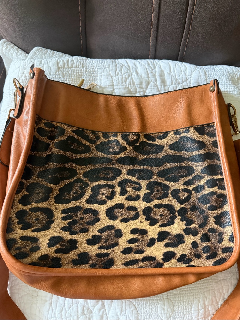 Amazon Leopard Print Crossbody Bag with Cognac Trim